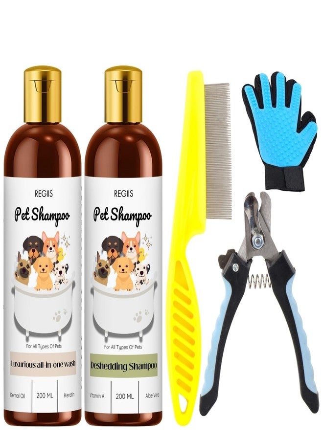 مجموعة شامبو الحيوانات الأليفة من ريجيس مع أدوات العناية، تركيبة متكاملة للغسيل وإزالة الشعر الزائد، زجاجتان سعة كل منهما 200 مل، تتضمن مشطًا ومقص أظافر وقفازًا للعناية بالكلاب والقطط (عبوة من 5 قطع). - Image 1